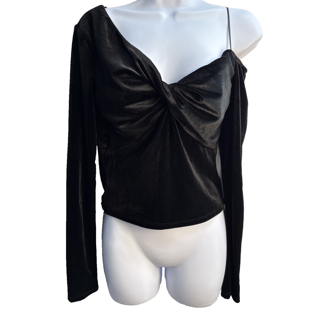 Elodie Womens Medium Black Velvet Asymmetrical Twist Long‎ Sleeve Top NWT